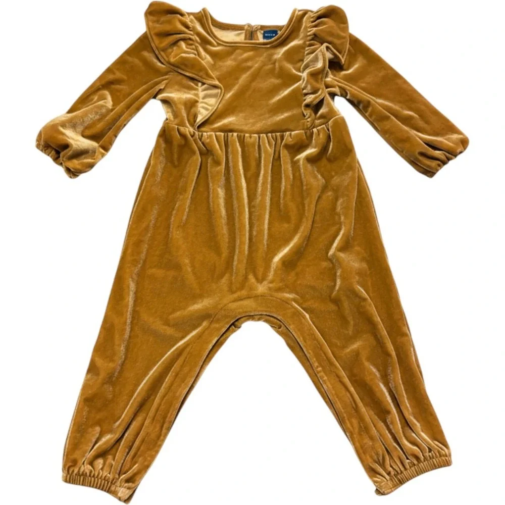 (B6) Old Navy Baby Velvet Ruffle Long Sleeve Jumpsuit Gold Brown 12-18 Months